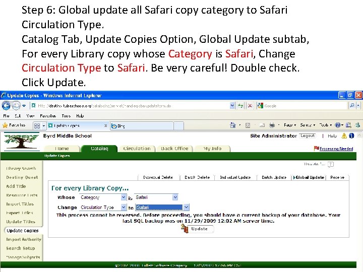 Step 6: Global update all Safari copy category to Safari Circulation Type. Catalog Tab,