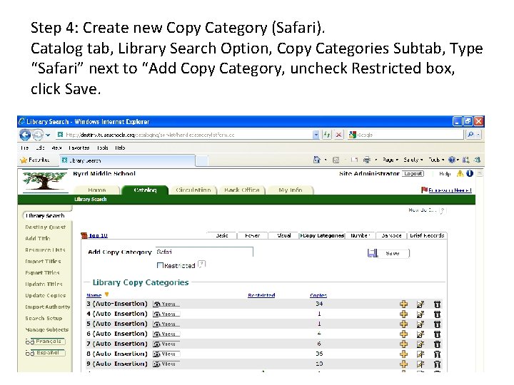 Step 4: Create new Copy Category (Safari). Catalog tab, Library Search Option, Copy Categories