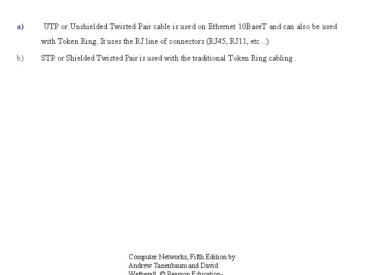a) UTP or Unshielded Twisted Pair cable is used on Ethernet 10 Base. T