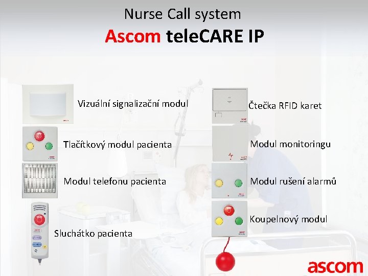 Nurse Call system Ascom tele. CARE IP Vizuální signalizační modul Čtečka RFID karet Tlačítkový