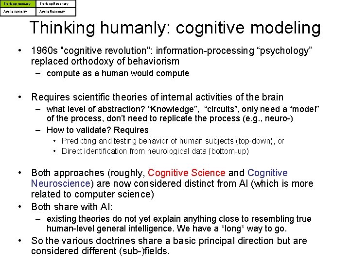 Thinking humanly Thinking Rationally Acting humanly Acting Rationally Thinking humanly: cognitive modeling • 1960 Thinking humanly Thinking Rationally Acting humanly Acting Rationally Thinking humanly: cognitive modeling • 1960