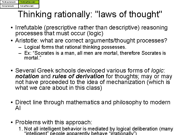 Thinking humanly Thinking Rationally Acting humanly Acting Rationally Thinking rationally: "laws of thought" • Thinking humanly Thinking Rationally Acting humanly Acting Rationally Thinking rationally: "laws of thought" •