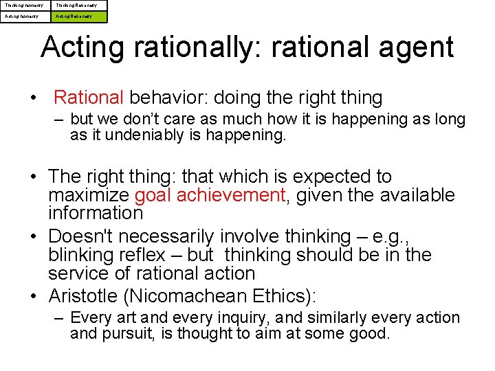 Thinking humanly Thinking Rationally Acting humanly Acting Rationally Acting rationally: rational agent • Rational Thinking humanly Thinking Rationally Acting humanly Acting Rationally Acting rationally: rational agent • Rational