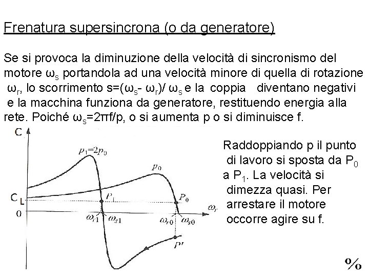 Frenatura supersincrona (o da generatore) Se si provoca la diminuzione della velocità di sincronismo