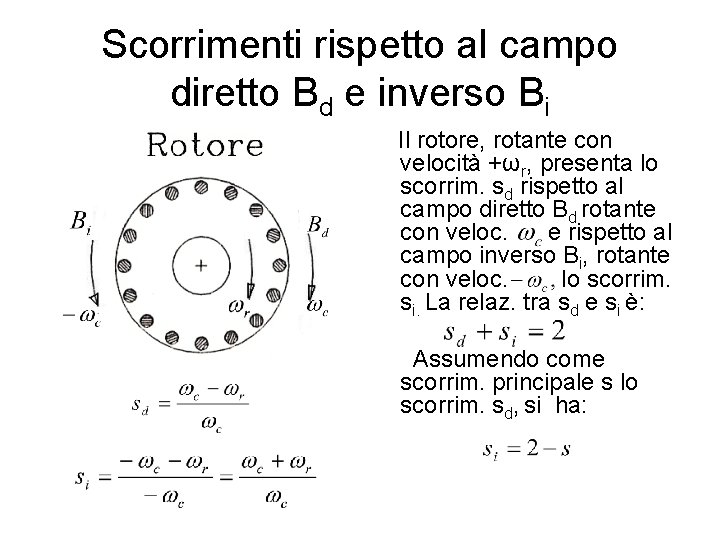 Scorrimenti rispetto al campo diretto Bd e inverso Bi Il rotore, rotante con velocità