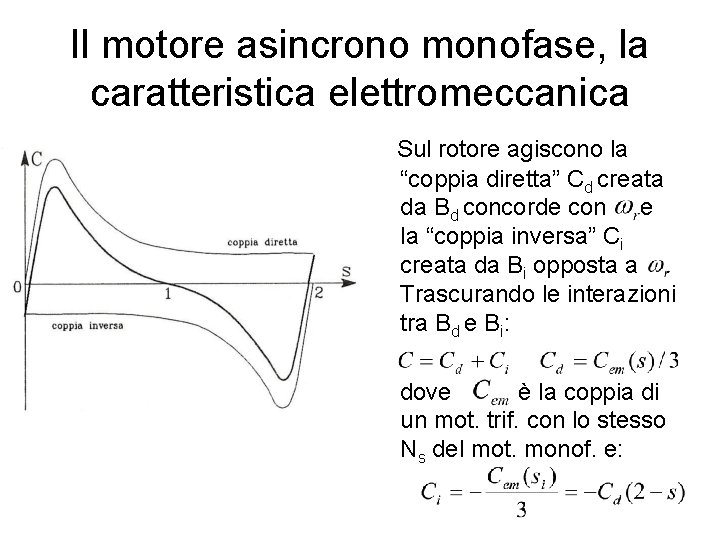 Il motore asincrono monofase, la caratteristica elettromeccanica Sul rotore agiscono la “coppia diretta” Cd