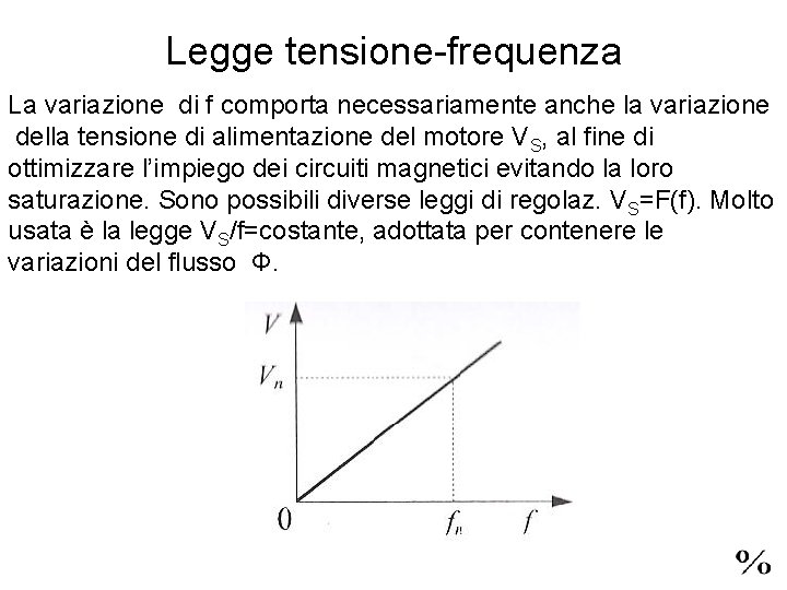 Legge tensione-frequenza La variazione di f comporta necessariamente anche la variazione della tensione di