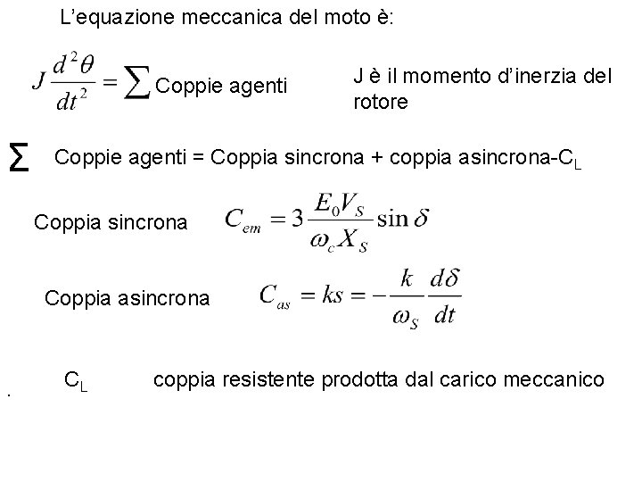 L’equazione meccanica del moto è: Coppie agenti Σ J è il momento d’inerzia del
