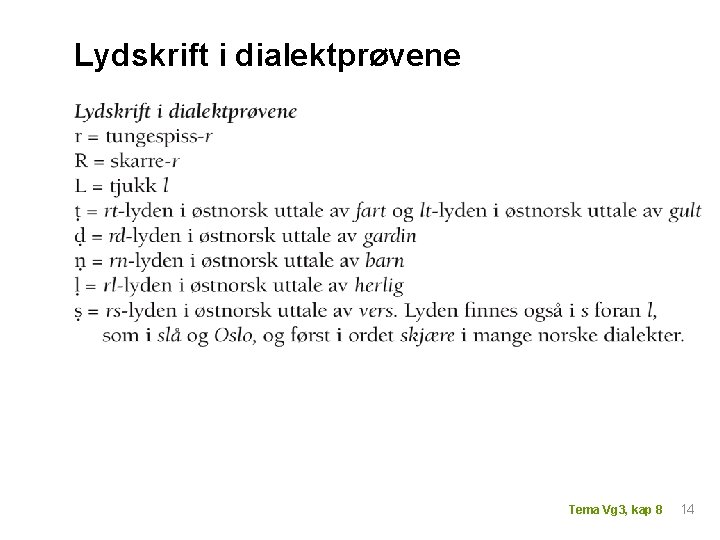 Lydskrift i dialektprøvene Tema Vg 3, kap 8 14 