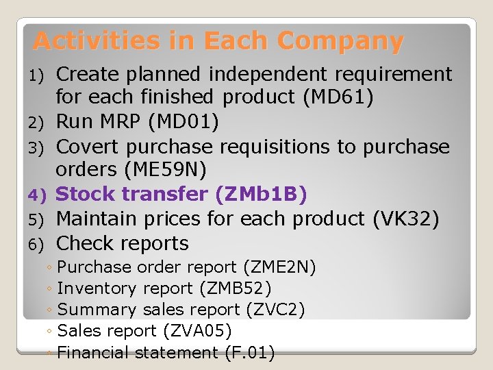 Activities in Each Company 1) 2) 3) 4) 5) 6) Create planned independent requirement Activities in Each Company 1) 2) 3) 4) 5) 6) Create planned independent requirement