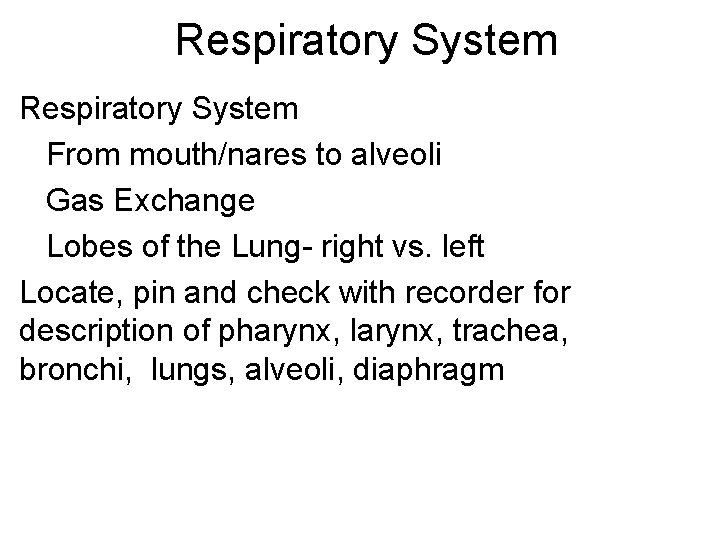 Respiratory System From mouth/nares to alveoli Gas Exchange Lobes of the Lung- right vs.