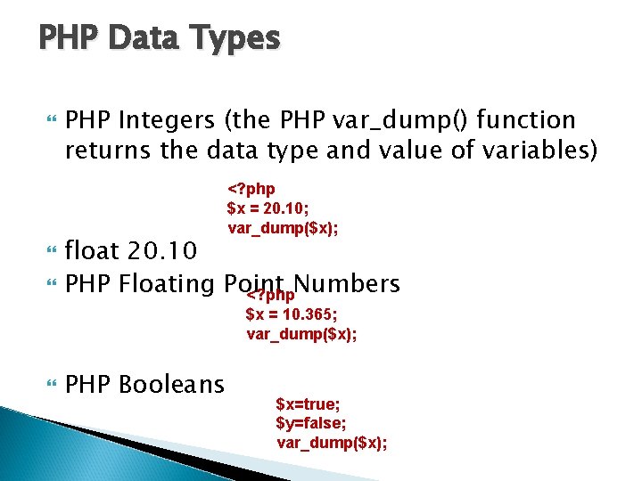 PHP Data Types PHP Integers (the PHP var_dump() function returns the data type and