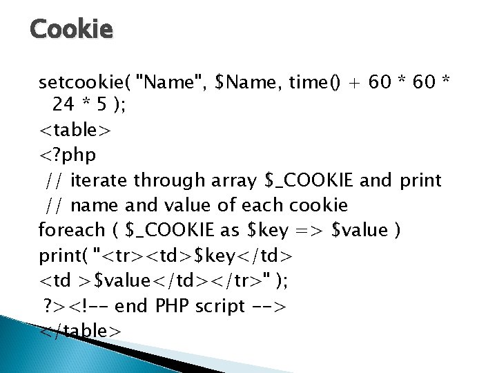 Cookie setcookie( "Name", $Name, time() + 60 * 24 * 5 ); <table> <?