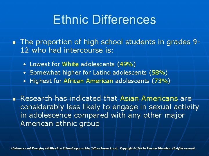 Ethnic Differences n The proportion of high school students in grades 912 who had