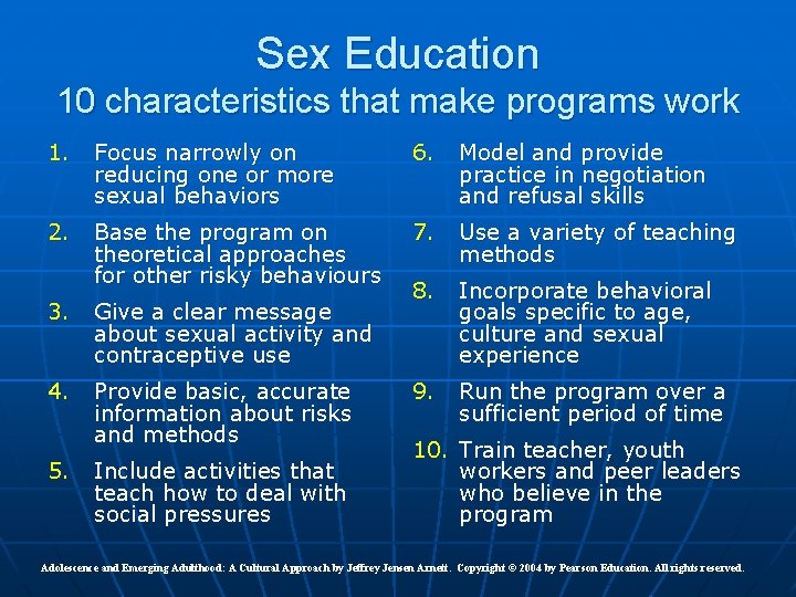 Sex Education 10 characteristics that make programs work 1. Focus narrowly on reducing one