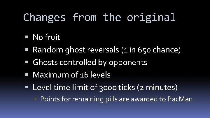 Changes from the original No fruit Random ghost reversals (1 in 650 chance) Ghosts