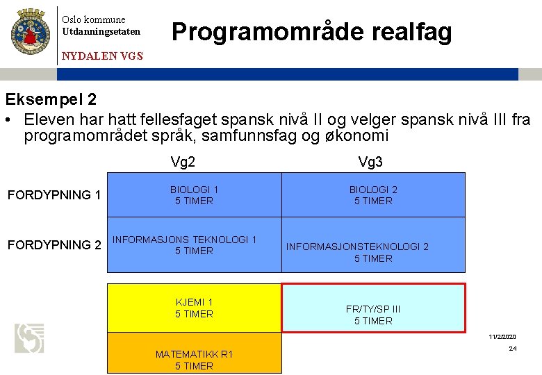 Oslo kommune Utdanningsetaten Programområde realfag NYDALEN VGS Eksempel 2 • Eleven har hatt fellesfaget