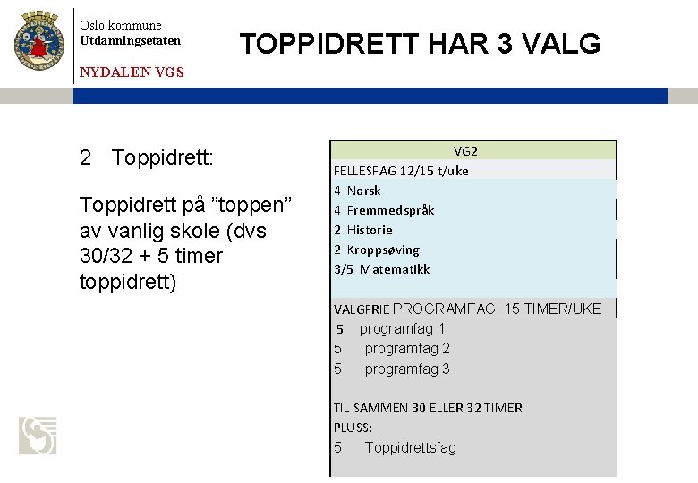 Oslo kommune Utdanningsetaten TOPPIDRETT HAR 3 VALG NYDALEN VGS 2 Toppidrett: Toppidrett på ”toppen”