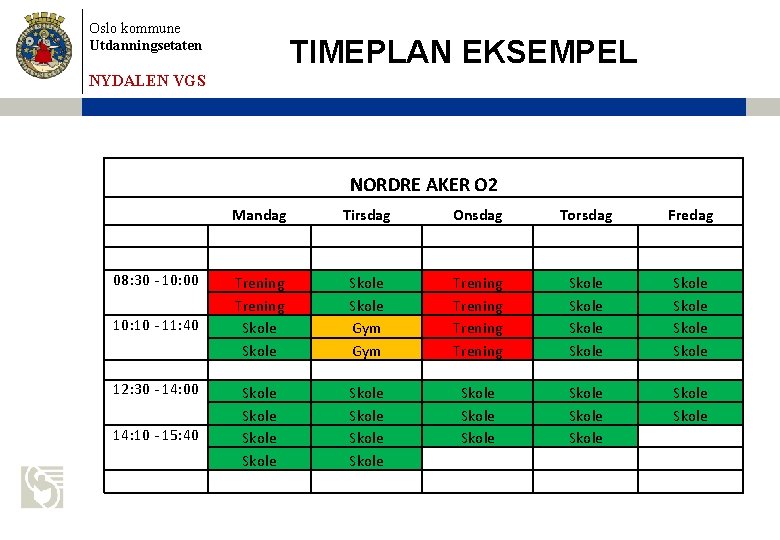 Oslo kommune Utdanningsetaten TIMEPLAN EKSEMPEL NYDALEN VGS NORDRE AKER O 2 Mandag Tirsdag Onsdag