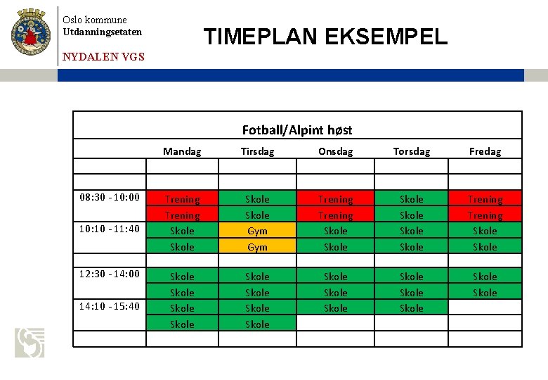 Oslo kommune Utdanningsetaten TIMEPLAN EKSEMPEL NYDALEN VGS Fotball/Alpint høst Mandag Tirsdag Onsdag Torsdag Fredag