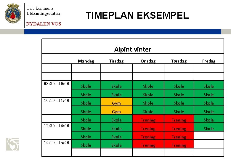 Oslo kommune Utdanningsetaten TIMEPLAN EKSEMPEL NYDALEN VGS Alpint vinter Mandag Tirsdag Onsdag Torsdag Fredag