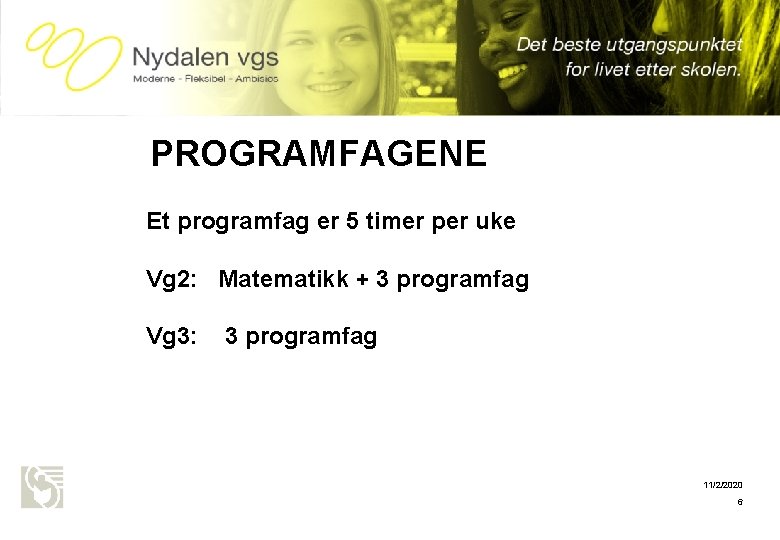 Oslo kommune Utdanningsetaten NYDALEN VGS PROGRAMFAGENE Et programfag er 5 timer per uke Vg