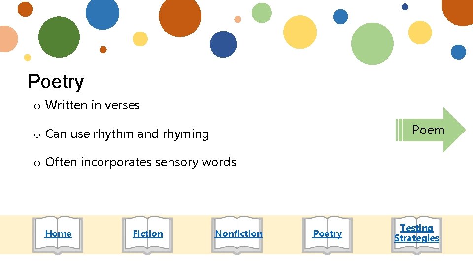 Poetry o Written in verses Poem o Can use rhythm and rhyming o Often