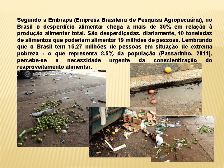 Segundo a Embrapa (Empresa Brasileira de Pesquisa Agropecuária), no Brasil o desperdício alimentar chega