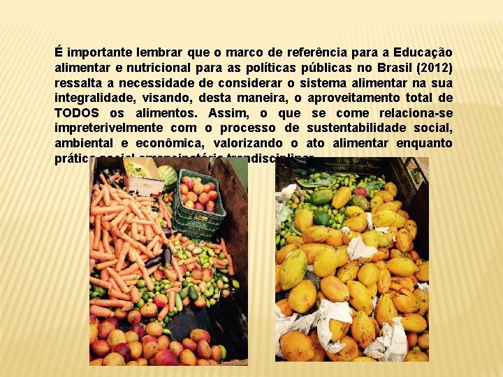 É importante lembrar que o marco de referência para a Educação alimentar e nutricional