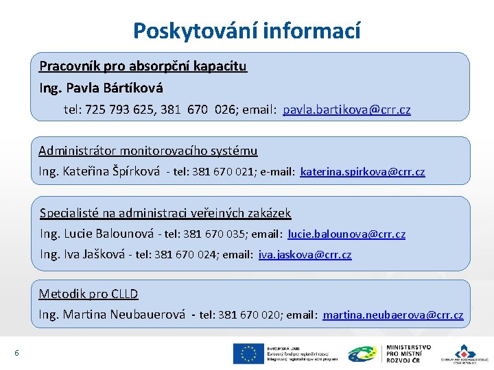 Poskytování informací Pracovník pro absorpční kapacitu Ing. Pavla Bártíková tel: 725 793 625, 381