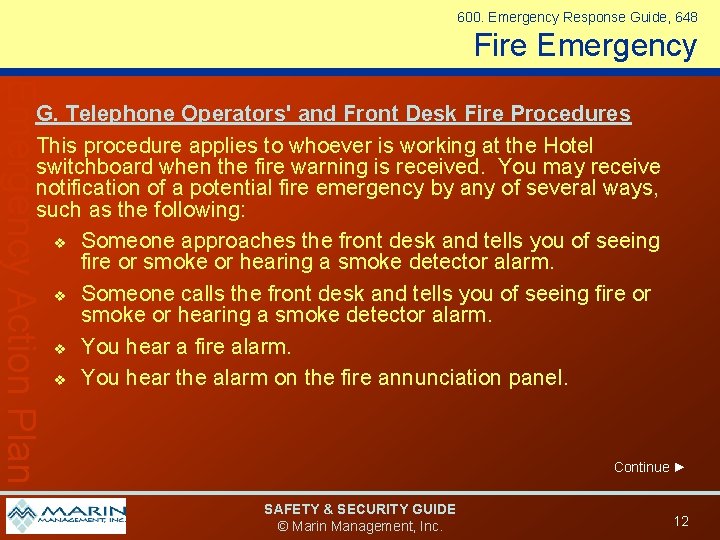 600. Emergency Response Guide, 648 Fire Emergency Action Plan G. Telephone Operators' and Front
