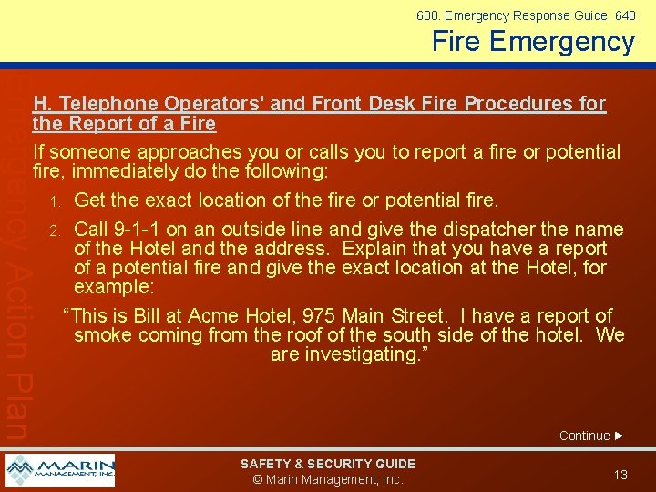 600. Emergency Response Guide, 648 Fire Emergency Action Plan H. Telephone Operators' and Front