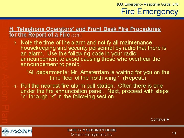 600. Emergency Response Guide, 648 Fire Emergency Action Plan H. Telephone Operators' and Front