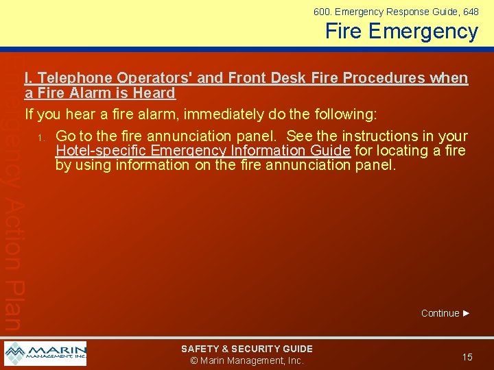 600. Emergency Response Guide, 648 Fire Emergency Action Plan I. Telephone Operators' and Front