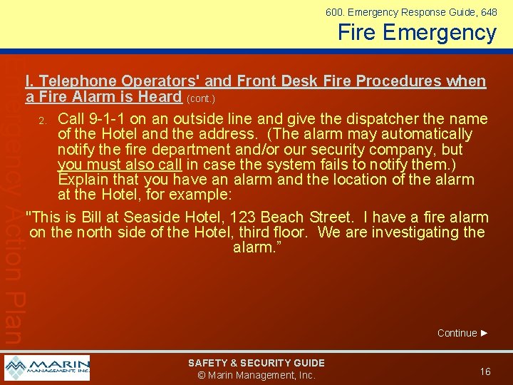 600. Emergency Response Guide, 648 Fire Emergency Action Plan I. Telephone Operators' and Front