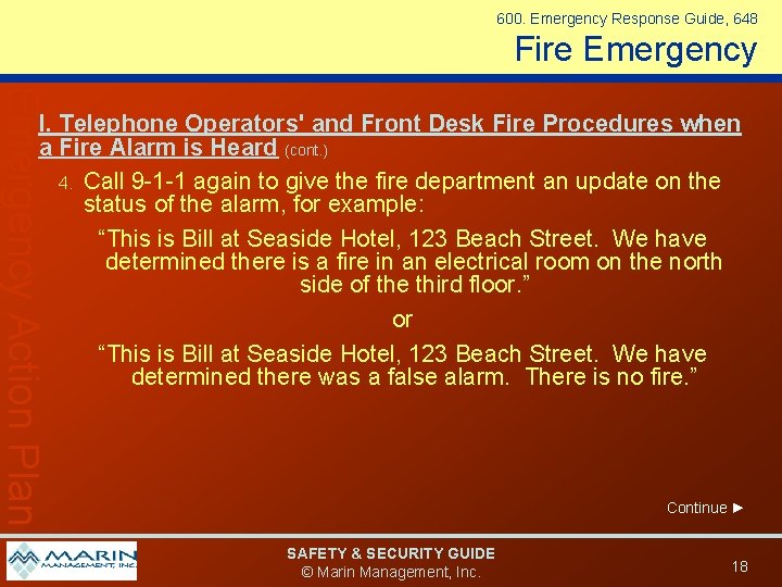 600. Emergency Response Guide, 648 Fire Emergency Action Plan I. Telephone Operators' and Front