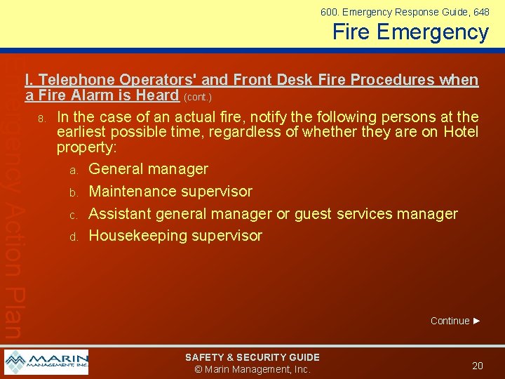 600. Emergency Response Guide, 648 Fire Emergency Action Plan I. Telephone Operators' and Front