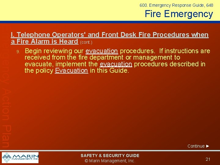 600. Emergency Response Guide, 648 Fire Emergency Action Plan I. Telephone Operators' and Front