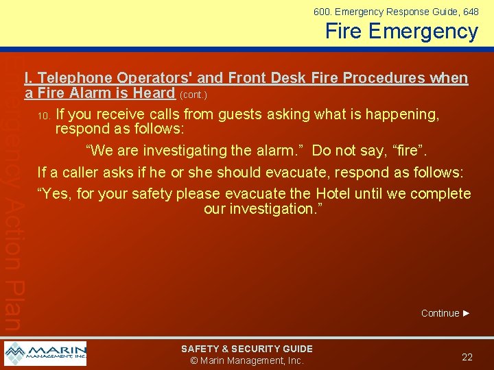 600. Emergency Response Guide, 648 Fire Emergency Action Plan I. Telephone Operators' and Front