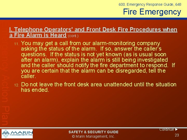 600. Emergency Response Guide, 648 Fire Emergency Action Plan I. Telephone Operators' and Front