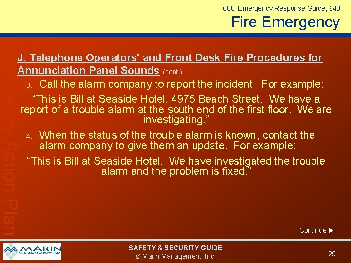 600. Emergency Response Guide, 648 Fire Emergency Action Plan J. Telephone Operators' and Front