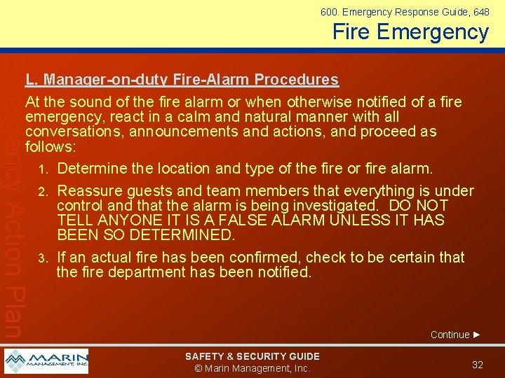 600. Emergency Response Guide, 648 Fire Emergency Action Plan L. Manager-on-duty Fire-Alarm Procedures At