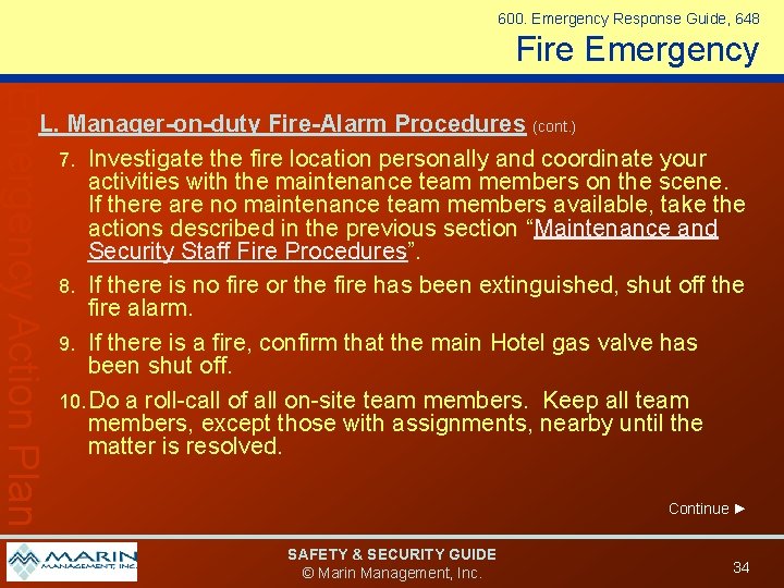 600. Emergency Response Guide, 648 Fire Emergency Action Plan L. Manager-on-duty Fire-Alarm Procedures (cont.