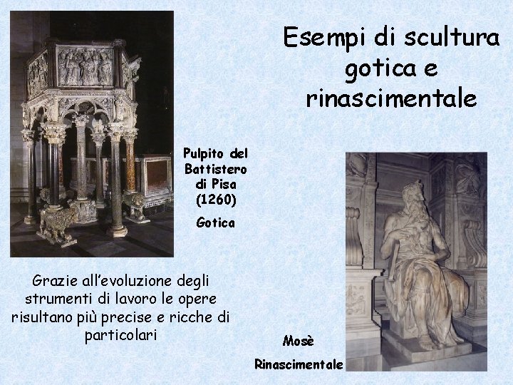 Esempi di scultura gotica e rinascimentale Pulpito del Battistero di Pisa (1260) Gotica Grazie