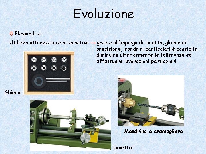 Evoluzione ◊ Flessibilità: Utilizzo attrezzature alternative → grazie all’impiego di lunetta, ghiere di precisione,