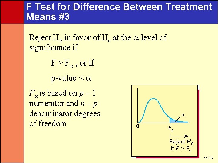 F Test for Difference Between Treatment Means #3 Reject H 0 in favor of