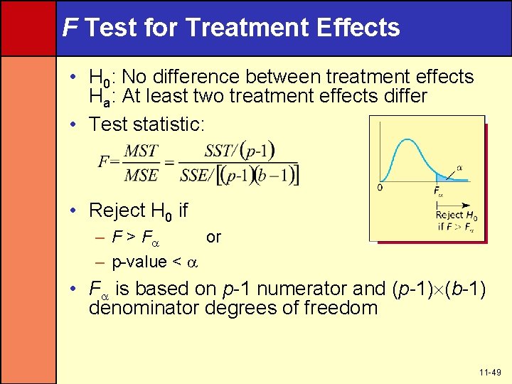 F Test for Treatment Effects • H 0: No difference between treatment effects Ha: