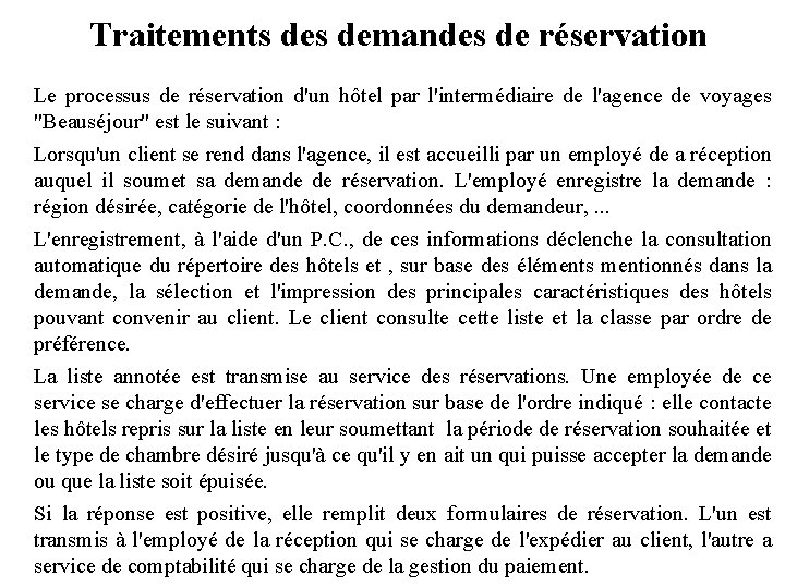 Traitements demandes de réservation Le processus de réservation d'un hôtel par l'intermédiaire de l'agence