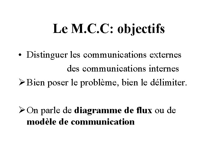 Le M. C. C: objectifs • Distinguer les communications externes des communications internes Ø