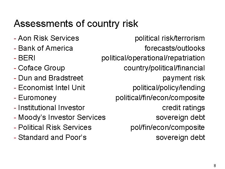 Country Finance Risk International finance with selected topics from Multinational Finance